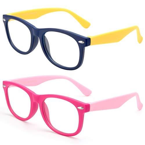 Gaoye 2 Pack Kids Blue Light Blocking Glasses Girls & Boys Age 3-15, Anti Glare & UV, Computer Gaming Screen Eyeglasses (Rose Red&Pink + Dark Blue&Yellow, Clear)