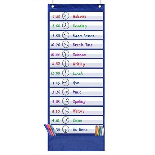VNOM Daily Schedule Pocket Chart, Class Schedule with 13+1 Pockets 18 Dry Eraser Cards 2 Easy Over Door Mountings for Classroom, School, Office or Home (13” x 35.5”, Blue)