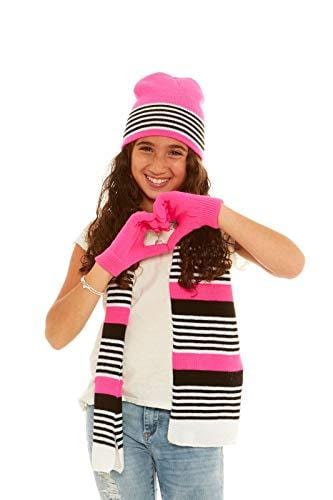 S.W.A.K. Girls Knit Hat, Scarf and Gloves Set - Fuchsia/Black Combo