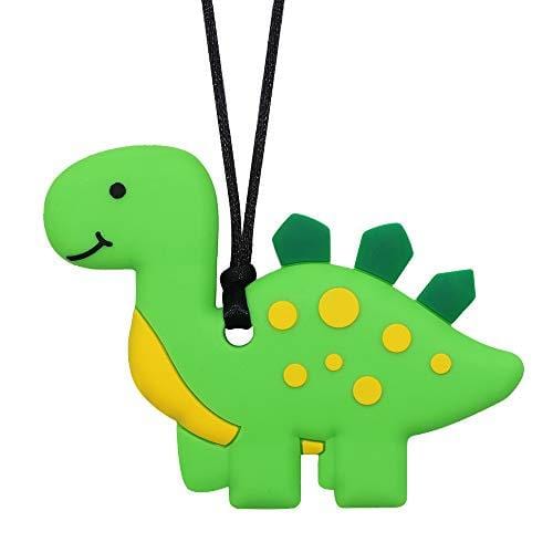 Chew Necklace for Boys and Girls - Dinosaur Chewable Silicone Pendant for Teething, Autism, Biting, ADHD, SPD, Sensory Oral Motor Aids for Kids, Chewy Toy Jewelry for Adults (Green)