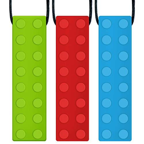 Panny & Mody Sensory Chew Necklace Pendant Chewable Jewelry Set for Boys and Girls(3 Pack), Silicone Oral Motor Sticks for Kids with ADHD, Teething, Autism, Biting Needs (Red, Green, Blue)