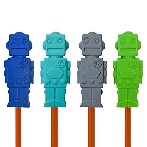 Munchables Chewable Sensory Pencil Toppers - Set of 4 Robots (Navy/Aqua/Grey/Green)