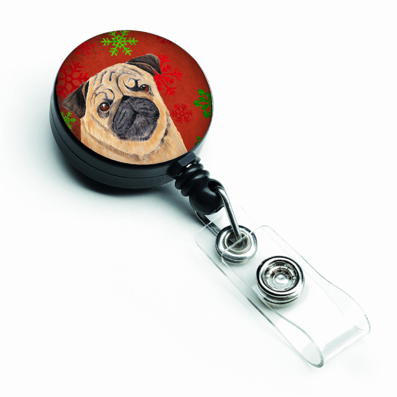 Pug Red and Green Snowflakes Holiday Christmas Retractable Badge Reel