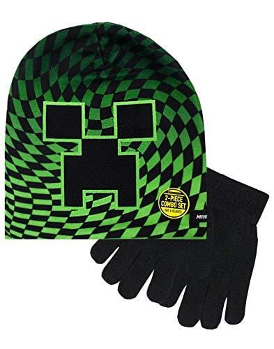Minecraft Boy's Creeper Checkered 2 Piece Kids Hat and Gloves Set Black