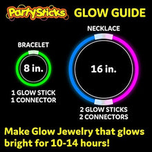 Load image into Gallery viewer, PartySticks Glow Sticks Party Supplies 100pk - 8 Inch Glow in the Dark Light Up Sticks Party Favors, Glow Party Decorations, Neon Party Glow Necklaces and Glow Bracelets with Connectors
