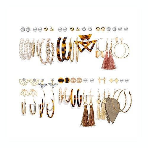 36 Pairs Fashion Tassel Earrings Set for Women Girls Bohemian Acrylic Hoop Stud Drop Dangle Earring Leather Leaf Earrings for Birthday/Party/Christmas/Friendship Gifts