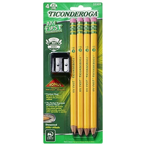 TICONDEROGA My First Pencils, Wood-Cased #2 HB Soft, Pre-Sharpened with Eraser, Includes Bonus Sharpener, Yellow, 5 Piece (Pack of 1)(33309)