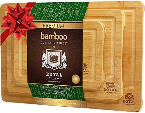 Organic Bamboo Cutting Board with Juice Groove (3-Piece Set) - Kitchen Chopping Board for Meat (Butcher Block) Cheese and Vegetables | Anti Microbial Heavy Duty Serving Tray w/Handles