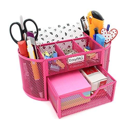 EasyPAG Mesh Desk Organizer Pencil Holder 9 Compartments with Drawer,Pink