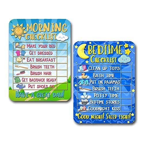 Honey Dew Gifts Daily Morning and Bedtime Routine Reward Chart (Set of 2) for Kids and Autism - Tin Learning Calendar for Kids, Teaching Tool