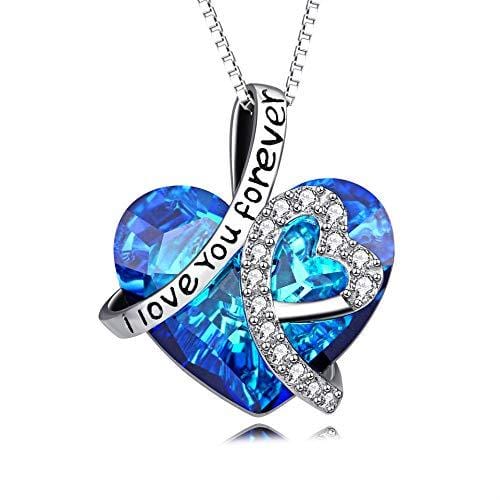Heart Necklace 925 Sterling Silver I Love You Forever Pendant Necklace with Blue Swarovski Crystals Jewelry for Women Anniversary Birthday Gifts for Girls Girlfriend Wife Daughter Mom
