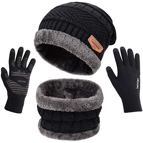 3 Pcs Warm Winter Knit Hat Scarf and Glove Set for Men Women Tech Touchscreen Gloves Black