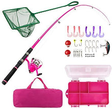 Load image into Gallery viewer, Lanaak Pink Fishing Pole and Tackle Box - Telescoping Rod with Spinning Reel, Net, Travel Bag, and Beginner’s Guide - Kids Fishing Rod and Reel Kit
