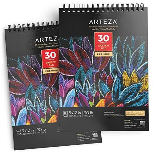ARTEZA 9X12” Black Sketch Pad, Pack of 2, 60 Sheets (90lb/150gsm), 30 Sheets Each, Spiral-Bound, Heavyweight Paper, Perfect for Graphite & Colored Pencils, Charcoal, Oil Pastels, Gel Pens, Chalk, Ink
