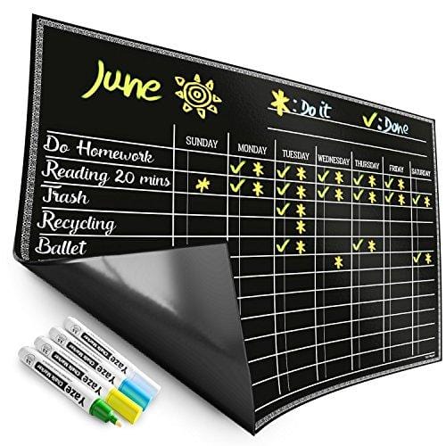 Magnetic Chore Chart for Kids - 4 Chalk Markers - Children’s Dry Erase Chalkboard Calendar for Multiple Household Chores & Responsibilities - Easy-to-Clean Reusable Family Refrigerator Weekly Planner