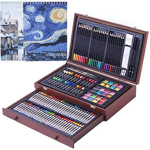 145 Piece Deluxe Art Creativity Set with 2 x 50 Page Drawing Pad, Art Supplies in Portable Wooden Case- Crayons, Oil Pastels, Colored Pencils, Watercolor Cakes, Sharpener, Sandpaper - Deluxe Art Set