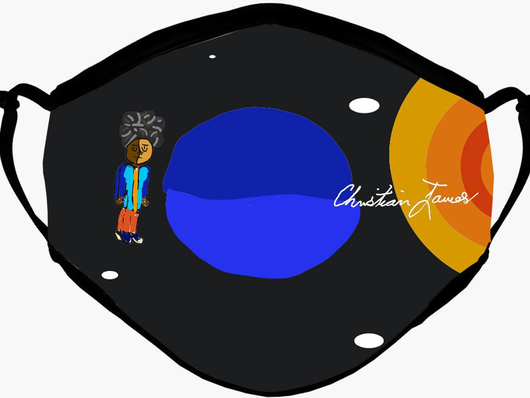 Kids Reusable Filter Mask: Christian James. TM Logo. Floating in Space
