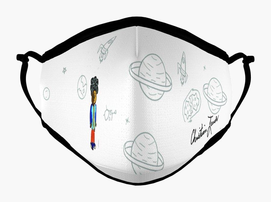 Kids Reusable Filter Mask: Christian James Designs. TM Logo. Boy Floating in Space